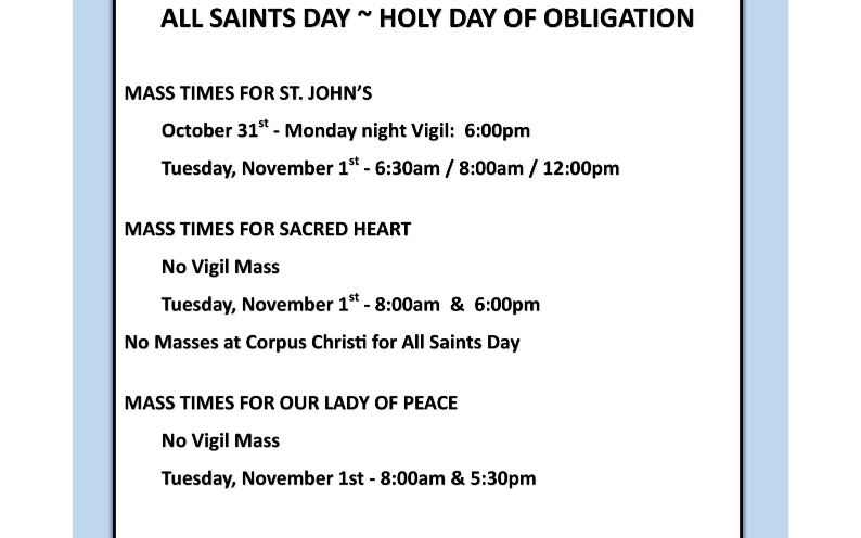 Area All Saints Day Masses (Holy Day of Obligation)